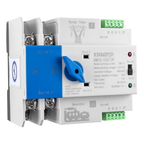ATS Automatic Transfer Switch 2P AC110V 100A 50/60Hz ATS Dual Power Switch Electrical Selector Switches for Home Generator DIN Rail Mount (2P 100A)