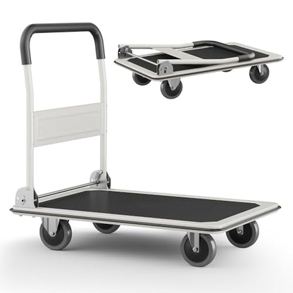 Foldable Push Cart Dolly | 330 lbs. Capacity | Heavy Duty Moving Platform Hand Truck with Swivel Wheels | Small Flatbed Cart | Space Saving Push Handle-White - color: Black-330 Lbs. Capacity