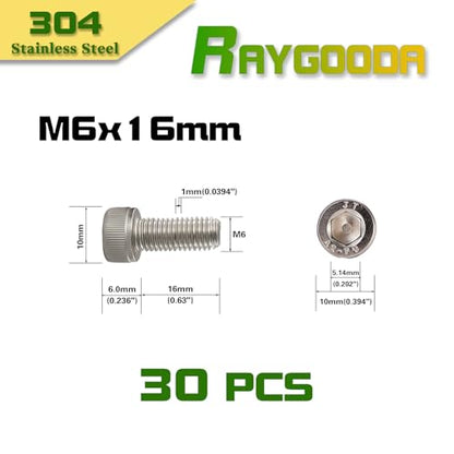 M6x1.0 x 16mm Socket Head Cap Screws Metric, 304 Stainless Steel (A2-70), Allen Socket Drive, Bright Finish, Full Thread, Rust & Corrosion Resistant, for Automotive, Machinery & DIY, 30 PCS - size: M6x16mm (30 PCS)