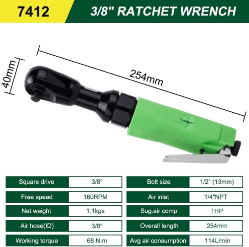 Dotool 3/8" Air Ratchet Wrench 50 ft-lbs Max Torque Output Professional Pneumatic Aluminum 160 RPM Comfort Grip, Lightweight, Compact, Forward/Reverse Control - color: Bright Green