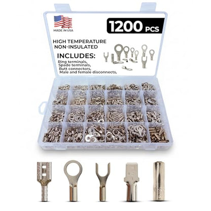 1200 Piece - 900°F High Temperature Crimp Wire Connectors Electrical Assortment Kit - Non-Insulated Nickel Plated Steel Ring/Spade/Butt Terminal Connectors (Male & Female)- Made in USA