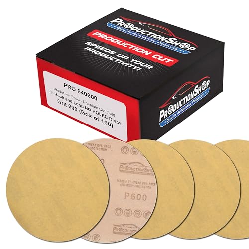 ProductionShop Premium 600 Grit 6" Gold Sanding Discs, Box of 100 - Hook & Loop Backing Abrasive Sandpaper for DA & Random Orbital Sanders - Sand Automotive Paint, Metal, Wood, Woodworking Furniture - style: 600 Grit