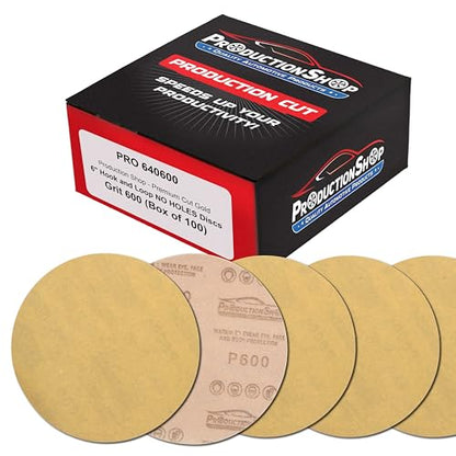 ProductionShop Premium 600 Grit 6" Gold Sanding Discs, Box of 100 - Hook & Loop Backing Abrasive Sandpaper for DA & Random Orbital Sanders - Sand Automotive Paint, Metal, Wood, Woodworking Furniture - style: 600 Grit