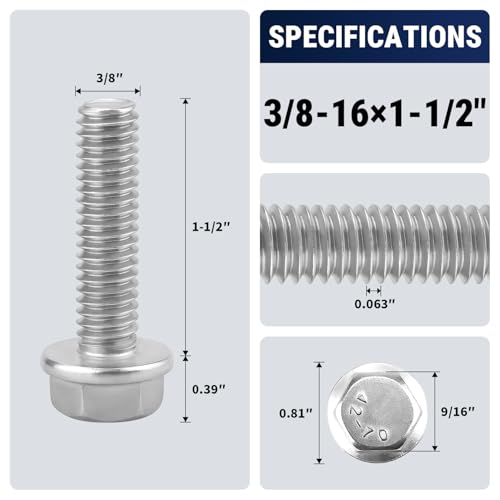 3/8-16 x 1-1/2" Flange Hex Bolts, 304 Stainless Steel 18-8, A2-70 Grade, Non-Serrated Flange Bolts for Automotive Repair, Fully Threaded, 10 Pcs - size: 3/8-16 x 1-1/2