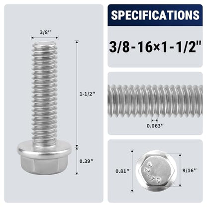 3/8-16 x 1-1/2" Flange Hex Bolts, 304 Stainless Steel 18-8, A2-70 Grade, Non-Serrated Flange Bolts for Automotive Repair, Fully Threaded, 10 Pcs - size: 3/8-16 x 1-1/2