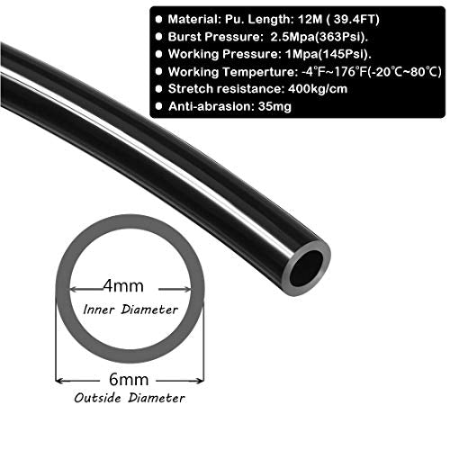 Beduan 6mm x 4mm Black Pneumatic Tubing Pipe PU Polyurethane Air Compressor Tubing Hose Pipe Line Fluid Transfer 39.4ft 12 Meter - color: Black, size: 6mmx4mm-12m