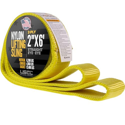 US Cargo Control Nylon Lifting Sling 2" x 6', 2-Ply Eye to Eye Slings (Made in USA) - 4,960 LBS Choker, 6,200 LBS Vertical, 12,400 LBS Basket Capacity - Lift Straps for Lifting & Rigging - size: 2in x 6ft (2-Ply)