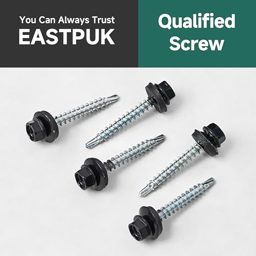 100-pack #10 x 1-1/2 Hex Head Self-Drilling Metal Roofing Screws with EPDM Washer, Black Coated Wood Screws, Self Tapping Sheet Metal Roof Screws (Diamond Point) - color: Black, size: #10 x 1-1/2"
