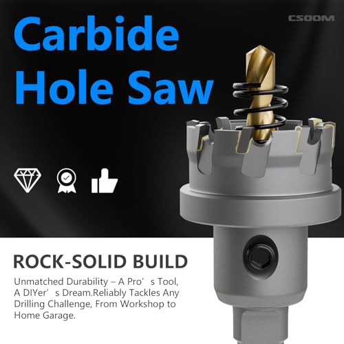 CSOOM TCT Hole Saw Set, 2-Piece 1-1/4” (32mm) Heavy Duty Carbide Tipped Cutter for Stainless Steel, Iron, Metal, and Plastic Bench, Spring Guided Drill Bits Included - size: 1-1/4"(32mm)