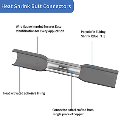 Heat Shrink Butt Connectors, 14-12 AWG Marine Grade Insulated Crimp Wire Connectors, Waterproof Electrical Connectors Butt Splice for Boat Truck Wiring - size: 14-12 AWG (Black)