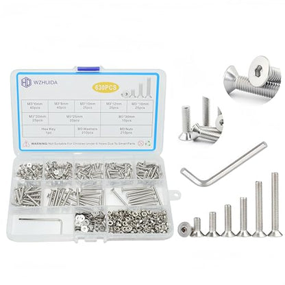 630 Pcs M3 Screws Assortment Kit, M3x6mm/8mm/10mm/12mm/16mm/20mm/25mm/30mm, Metric Hex Flat Head Countersunk Screws Nuts Washers Kit with Wrench, 304 Stainless Steel - size: M3 630Pcs
