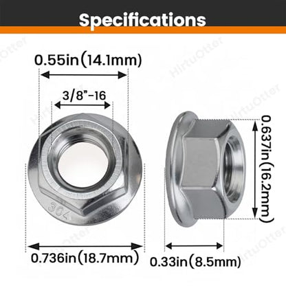 50 pcs 3/8"-16 Serrated Flange Hex Lock Nuts, 304 Stainless Steel 18-8 Full Thread Locknuts for Outdoor Furniture, Industrial Machinery, Automotive Repair & DIY Projects with Bright Finish - size: 3/8"-16