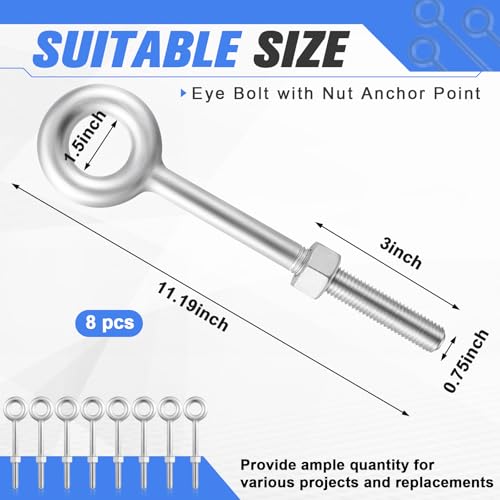LEIFIDE 8 Pack 3/4'' x 8" Eye Bolt Heavy Duty with Nut for Wood - size: 3/4'' x 8"