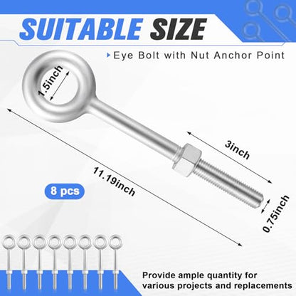 LEIFIDE 8 Pack 3/4'' x 8" Eye Bolt Heavy Duty with Nut for Wood - size: 3/4'' x 8"