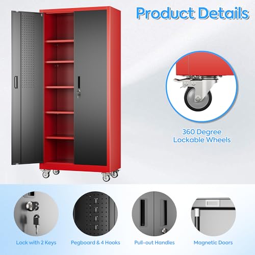 Reemoon 71"H Metal Garage Storage Cabinet,Tool Cabinet with Wheels,Pegboard - color: Red-black, size: 16"D x 32"W x 71"H