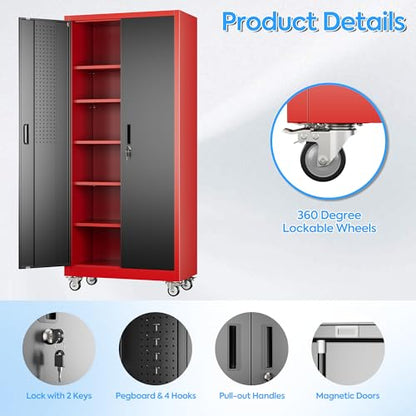 Reemoon 71"H Metal Garage Storage Cabinet,Tool Cabinet with Wheels,Pegboard - color: Red-black, size: 16"D x 32"W x 71"H