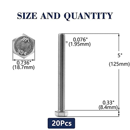1/2-13 x 5 Hex Head Screw Bolt, 20Pcs 18-8 (304) Stainless Steel, Fully Threaded, Plain Finish, by SG TZH - size: 1/2-13 x 5"