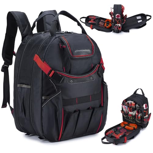 KSIBNW Tool Backpack, 45-Pockets Heavy Duty for Men Organizer Bags with Laptop Compartment and Charging Port,Durable Tool Carrier for Eelectrician Construction Mechanic Work, Black and Red - color: Red