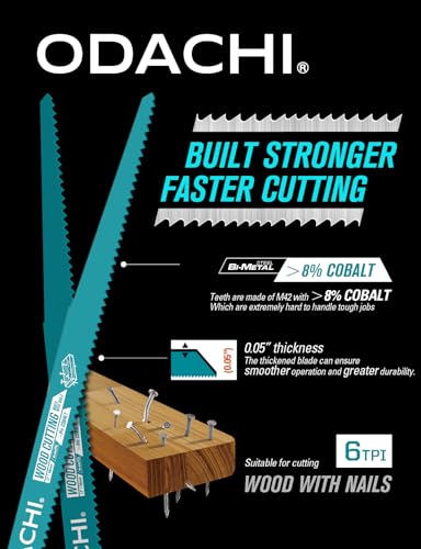 ODACHI Reciprocating Saw Blade for Wood, Nail-Embedded and Wood Demolition, Bi-Metal M42 Cobalt Sawzall Blades 12 Inch 6TPl 5-Pack