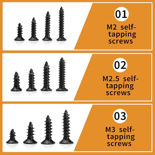 1300 Pcs Black Wood Screws Kit - M2 M2.5 M3 Flat Head Self-Tapping - color: black