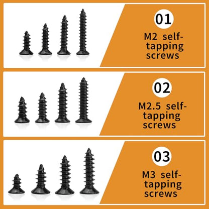 1300 Pcs Black Wood Screws Kit - M2 M2.5 M3 Flat Head Self-Tapping - color: black