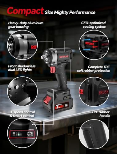 ROTAKE 20V Compact 1/2" Cordless Impact Wrench Kit, 580 FT-LBS, TB1 - size: 1/2" (580 ft-lbs) TB1