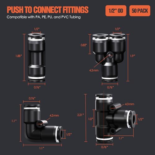 1/2" OD Push to Connect Fittings Kits –50PCS Air Line Connectors with Tee, Straight, Elbow, Splitters, Quick Connect Pneumatic Fittings, Push Lock Air Hose Fittings for Compressor, Air Tools & Tubing - color: 1/2" OD, size: Assorted kit(50pcs)