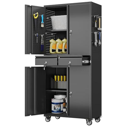 Reemoon 71" H Metal Storage Cabinet with Pegboard and 2 Drawers,Black - color: Black, size: 15"D x 30.1"W x 71"H