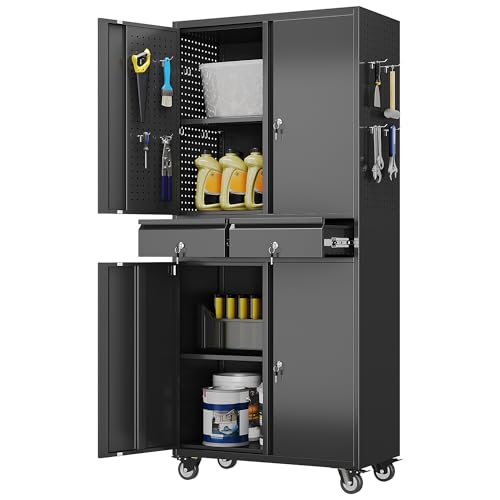 Aobabo Metal Garage Storage Cabinet, 71"x30" Lockable Rolling Tool Cabinet - color: Black, size: 15.1"D x 30"W x 71"H