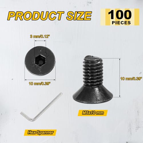 PATIKIL M5x10mm Flat Head Socket Cap Screws Carbon Steel Hex Spanner 100Pcs - size: M5x10 mm