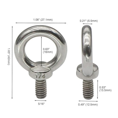 4 Packs 1/4"-20 Eye Bolts, 316 Stainless Steel Marine Grade Shoulder Eye Bolts, UNC Standard Threaded Lifting Ring