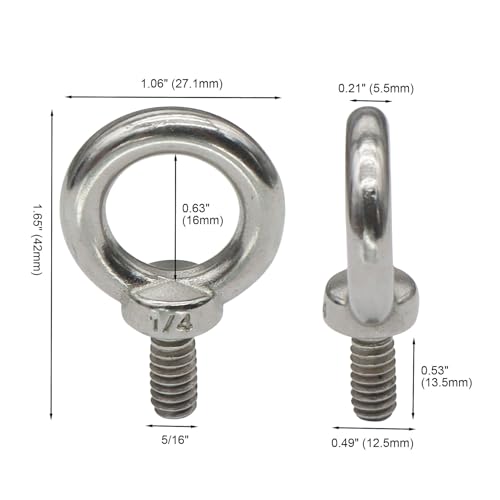 4 Packs 1/4"-20 Eye Bolts, 316 Stainless Steel Marine Grade Shoulder Eye Bolts, UNC Standard Threaded Lifting Ring