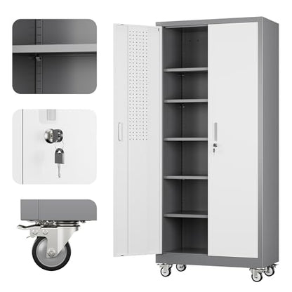 Reemoon 71" H Metal Garage Storage Cabinet with Wheels,Grey&White - color: White, size: 31.5" W x 16" D x 71" H