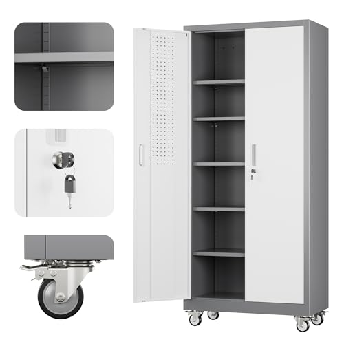 Reemoon 71" H Metal Garage Storage Cabinet with Wheels,Grey&White - color: White, size: 31.5" W x 16" D x 71" H