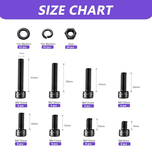 176PCS M6 Hex Socket Head Cap Screws Assortment Kit, 12.9 Grade Alloy Steel Black Zinc Plated M6x8/10/12/16/20/25/30/35mm Bolts Nuts Washers Set, Anti Rust Hardware for 3D Printer DIY Machinery Repair - size: M6 176pcs