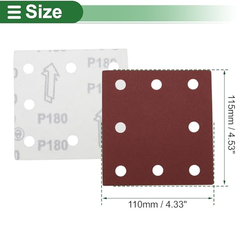 50 Pcs Rectangle Sandpaper 8 Hole 180 Grit Hook and Loop Sanding Sheets Universal for Automotive Refinishing Woodworking 115x110mm Aluminum Oxide Red - size: 180 Grit