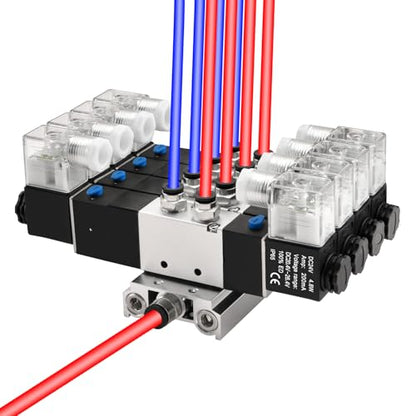 Heschen Electrical Pneumatic 4 Solenoid Valve, 4V230C-08, 24VDC, PT1/4, 5 Way 3 Position, Manifold Base, Muffler, Quick Fittings Set, CE