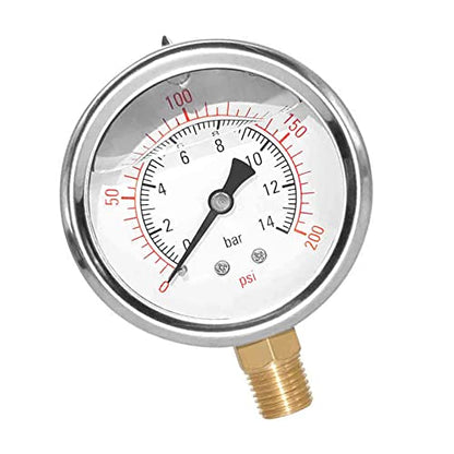 2-1/2" Dial 1/4" NPT 0~200Psi 304 Stainless Steel Glycerin Filled Pressure Gauge Bottom Mount - size: 0-200Psi (liquid filled), style: Lower Mount-1/4"NPT