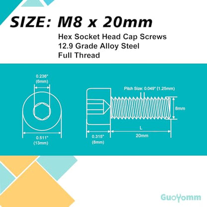 M8-1.25 x 20mm 20pcs Hex Socket Head Cap Screws Bolts, 12.9 Grade Alloy Steel, Black Oxide Finish, Metric Allen Hex Drive, Full Thread - size: M8 x 20mm(20PCS)