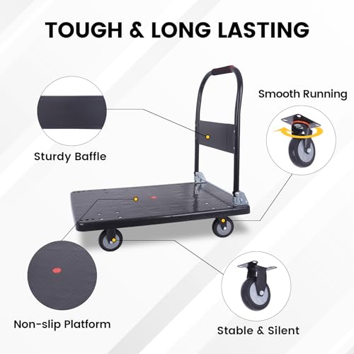 Foldable Push Cart Dolly 660 lbs,Moving Platform Hand Truck Black,with 360° Swivel Wheels, for Home Garage Workshops, Loading, Storage, Warehouse