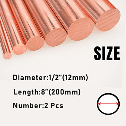2Pcs Pure Copper Round Rod 1/2"(12mm) Dia 7.87" Length Bare Copper Cu Metal Rod for Metal Craft Hobbies - size: 1/2" Dia, style: 8"Length, 2Pcs