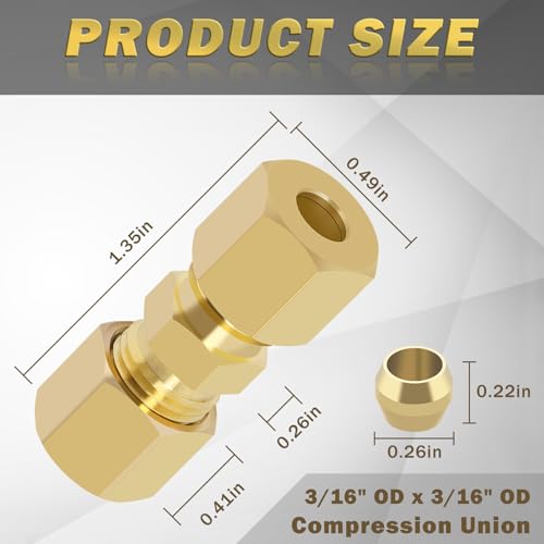 Brass Compression Tube Fitting, 10 PCS 3/16" OD x 3/16" OD Compression Union Connectors & 10 PCS Compression Sleeves Ferrules - size: 10Pcs-3/16" Union
