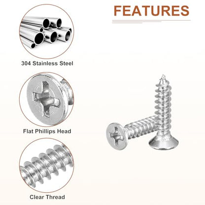 DTGN 100Pcs M4x20mm Flat Head Wood Screws, 304 Stainless Steel Phillips Self Tapping Screws - Good for Woodworking, Furniture - Silver - size: M4x20mm