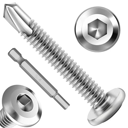 100Pcs 10 x 1-1/2" Sheet Metal Screws, Stainless Steel Flat Head Socket Cap Self Drilling Screw, Allen Socket Drive, Self Tapping Screws with Drill Bit - color: Silver, size: #10 x 1-1/2"