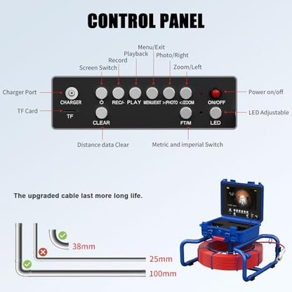 Sewer Camera with Light 165ft/Distance Counter Professional Pipe Inspection Camera 1080P Screen 7mm Thicker Cable - size: 50M
