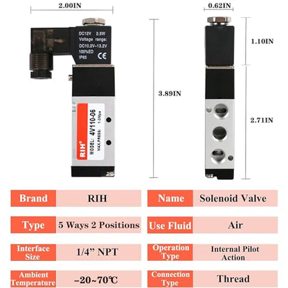 RIH Pneumatics Solenoid Valve 4V110-06 12V/24V/110V Series Single Coil Pilot-Operated Electric 2 Position 5 Way Connection Type (DC12V/Junction Box, 1/8"NPT) - size: DC12V/Junction Box, style: 1/8"NPT