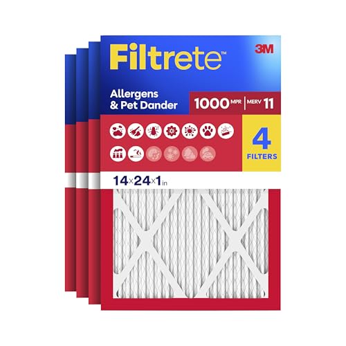 Filtrete 14x24x1 Air Filter, MERV 11, MPR 1000, Allergens & Pet Dander, 3-Month AC and Furnace Filters, Cleaner Air, Reliable Airflow, 4 HVAC Filters (Actual Size 13.68 x 23.68 x 0.81 in) - size: 14x24x1