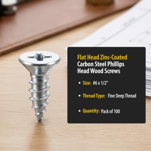BCP Fasteners #6 x 1/2" Zinc-Plated Flat Head Wood Screws, 100 Pack - size: #6 x 1/2"