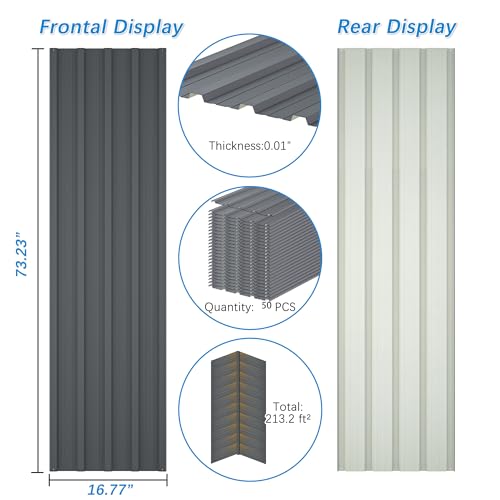 L73.23 x W16.77 Metal Roof Panels 50 pcs Galvanized Steel Corrugated Tin Roofing Panels Gazebo Top Cover Garages,Sheds, Stables and Mobile Homes Replacement for Patio Outdoor Garden, Gray - color: Gray, size: 50pcs/L73.23"
