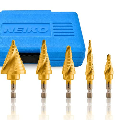 NEIKO 10173A Step Drill Bit Set for Metal and Wood, 5 Piece SAE, Spiral Grooved for Faster Drilling, Step Bits with 50 Total Step Sizes, Titanium Coated Unibits - size: 5pc (1/8 - 1-3/8", 50S), style: Spiral